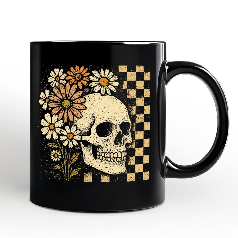 Checkered Floral Skeleton Personalized Mug, Vintage Skull Daisy Halloween Gift with Custom Name
