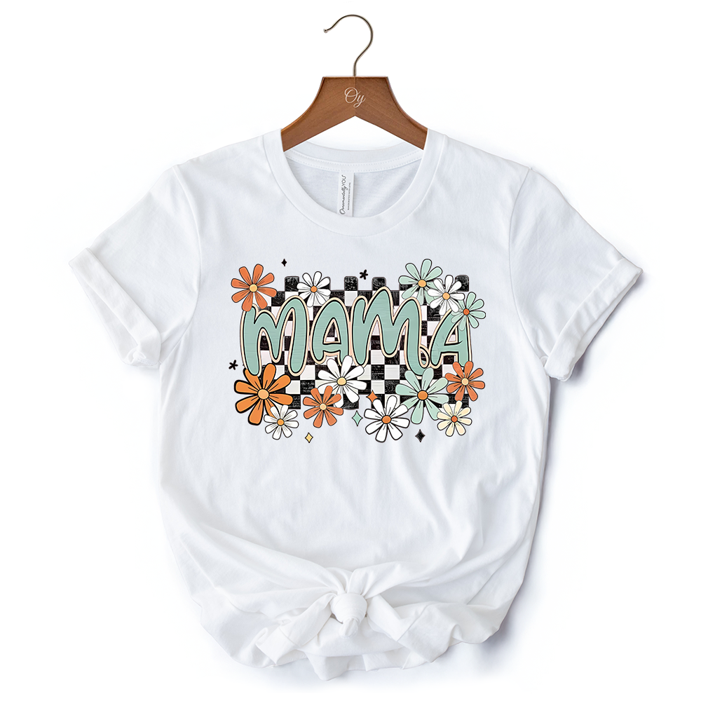 Floral Mama Checkered T-Shirt, White, Natural and Black Retro Tee for Stylish Mothers