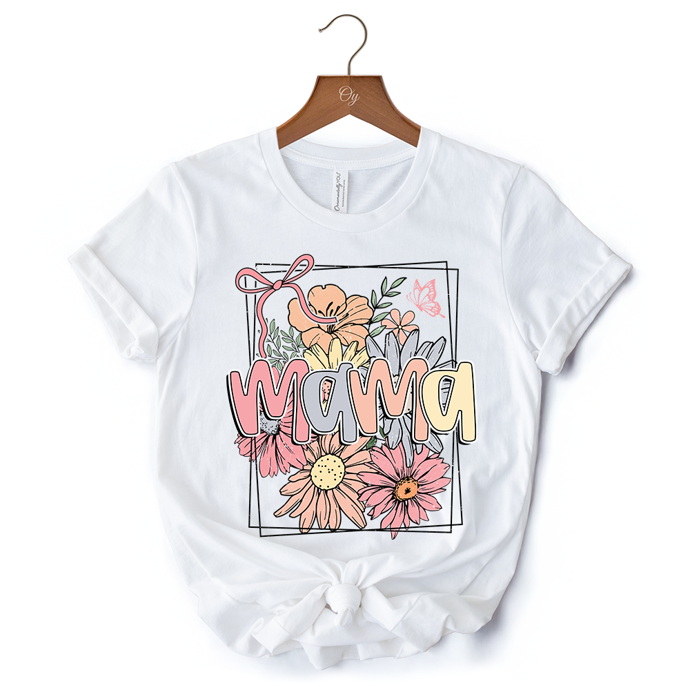 Floral Mama Coquette Bow Pastel T-Shirt, White and Natural Boho Tee With Spring Flower
