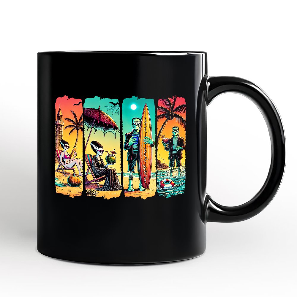 Frankenstein's Beach Vacation Personalized Mug, Retro Neon Summer Vibes Gift with Custom Name