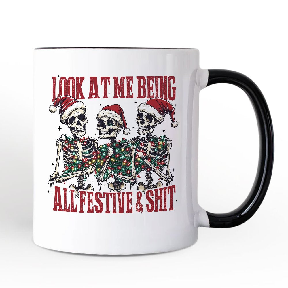 Funny Skeletons in Santa Hat Christmas Personalized Mug, Look At Me Being All Festive Gift with Custom Name