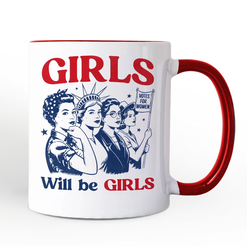 Girls Will Be Girls Patriotic Personalized Mug, 4th of July Vintage Feminist Gift with Custom Name