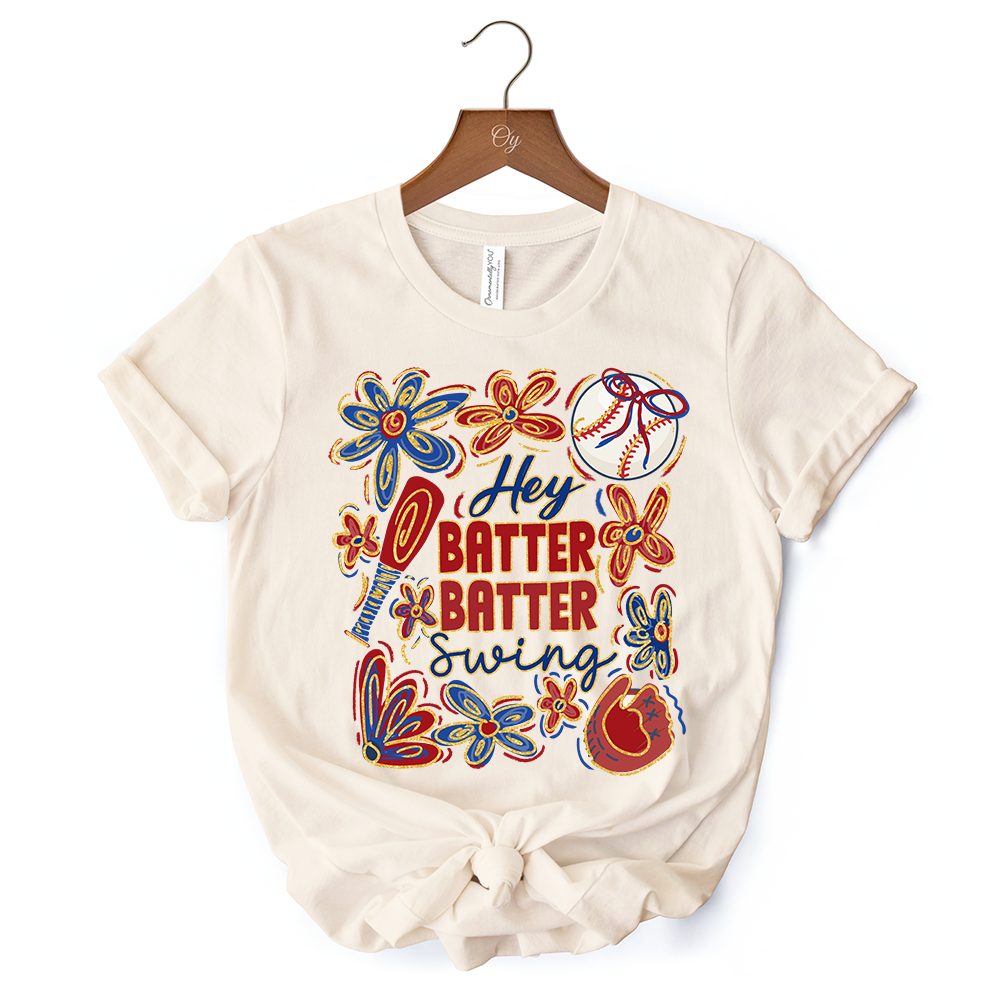 Hey Batter Batter Swing T-Shirt, Retro White and Natural Baseball Tee with Floral Accents
