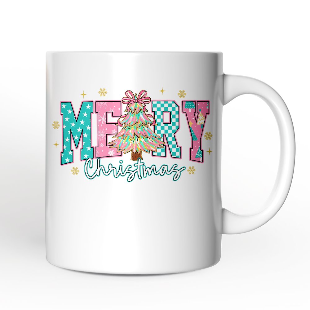 Merry Christmas Coquette Tree Personalized Mug, Preppy Retro Holiday Gift with Custom Name