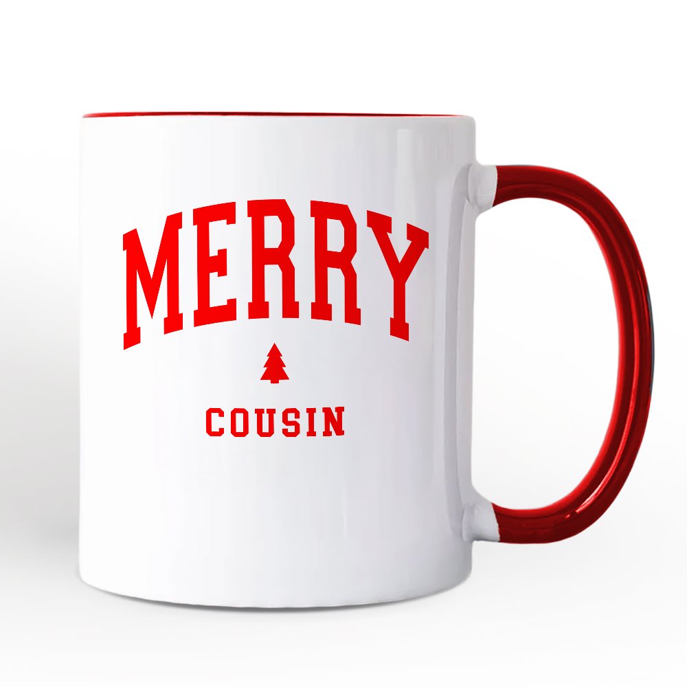 Merry Cousin Retro Christmas Personalized Mug, Matching Family Holiday Gift with Custom Name