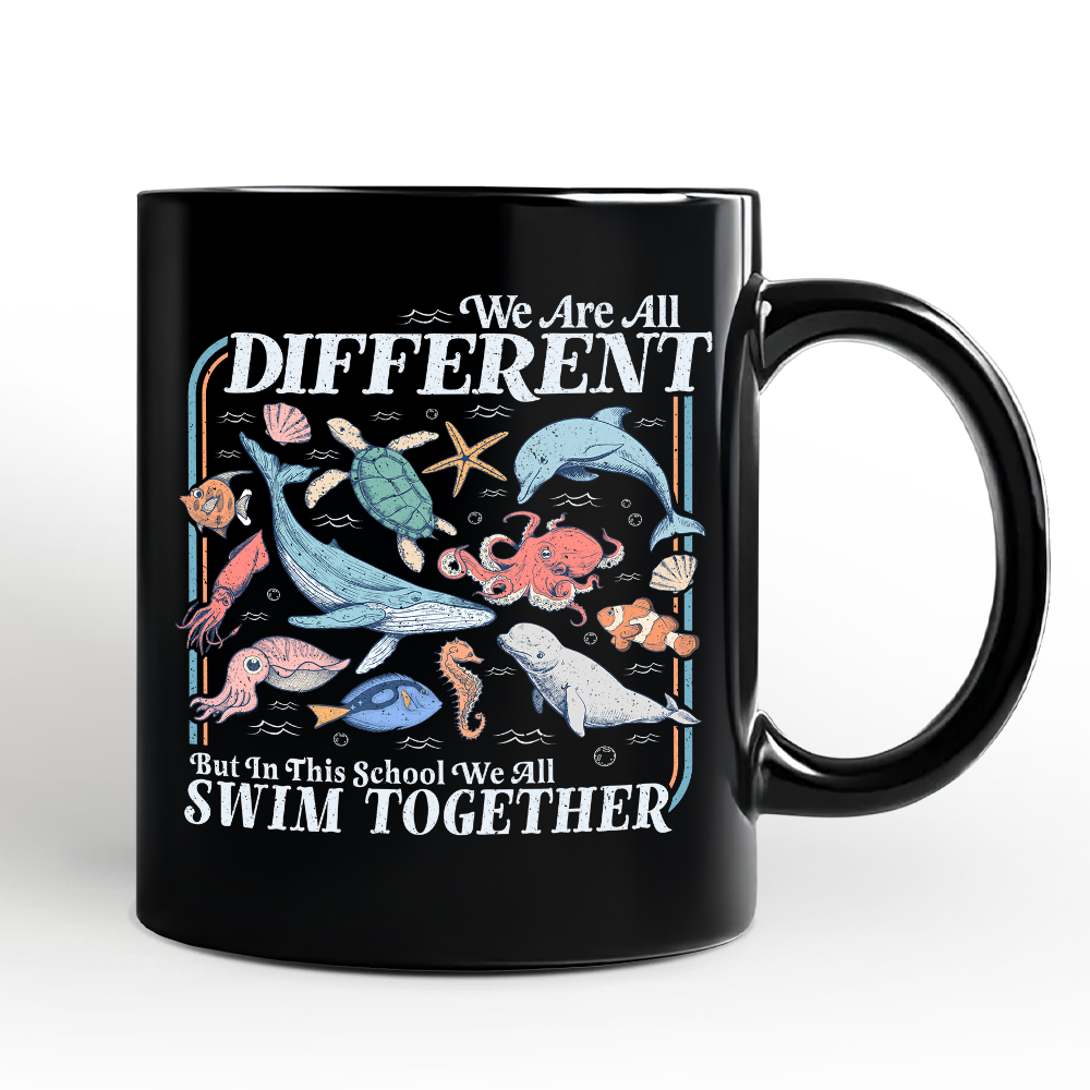 Ocean Animal Teacher Personalized Mug, We Are All Different But In This School We All Swim Classroom Gift with Custom Name
