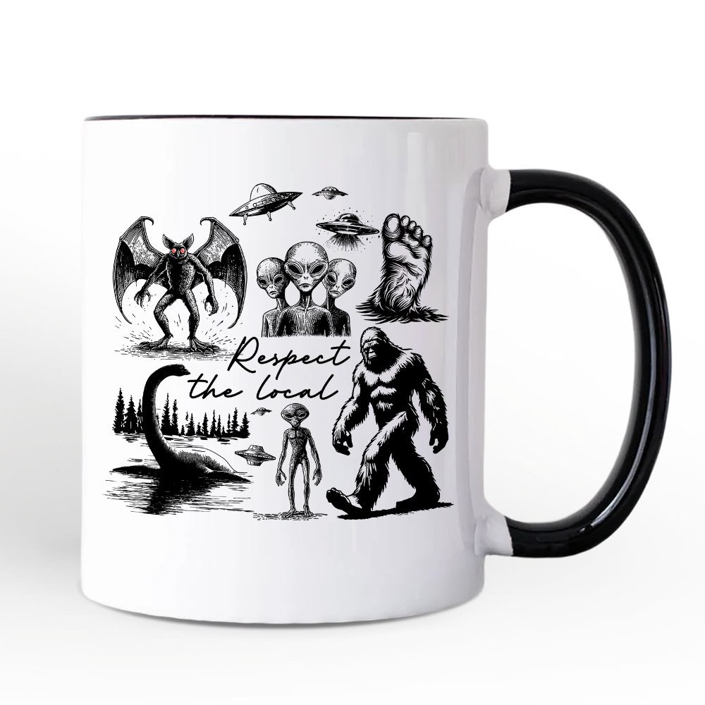 Respect The Local Cryptid Squad Personalized Mug, Funny Bigfoot Alien Mothman Meme Gift with Custom Name