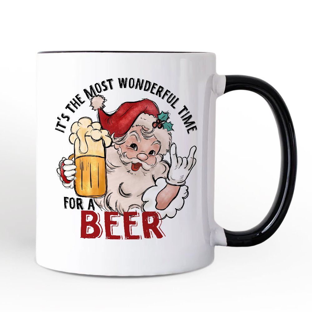 Santa Beer Christmas Personalized Mug, Itโs The Most Wonderful Time Funny Holiday Gift with Custom Name