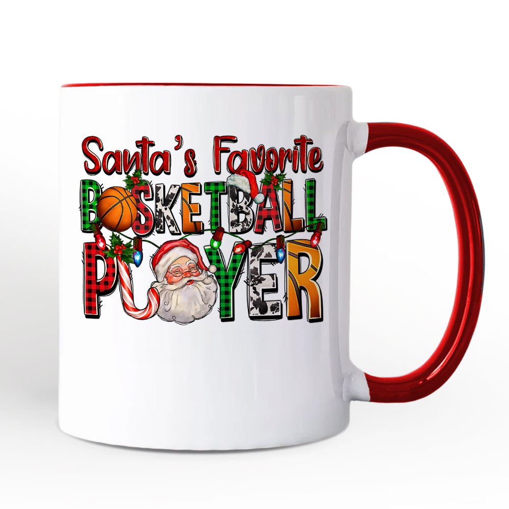 Santaโs Favorite Basketball Player Personalized Mug, Plaid Christmas Athelete Gift with Custom Name