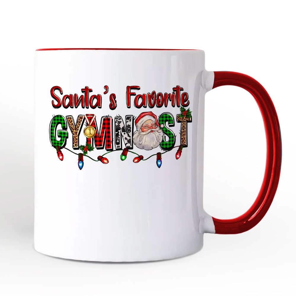 Santaโs Favorite Gymnast Personalized Mug, Plaid Christmas Athelete Gift with Custom Name