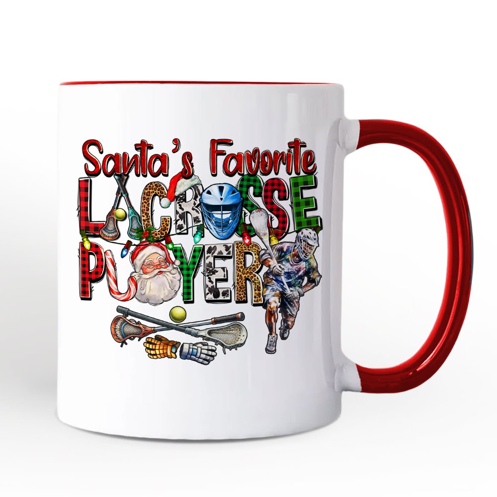 Santa’s Favorite Lacrosse Player Personalized Mug, Plaid Christmas Athlete Gift with Custom Name