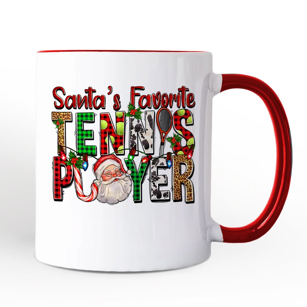 Santaโs Favorite Tennis Player Personalized Mug, Plaid Christmas Athelete Gift with Custom Name