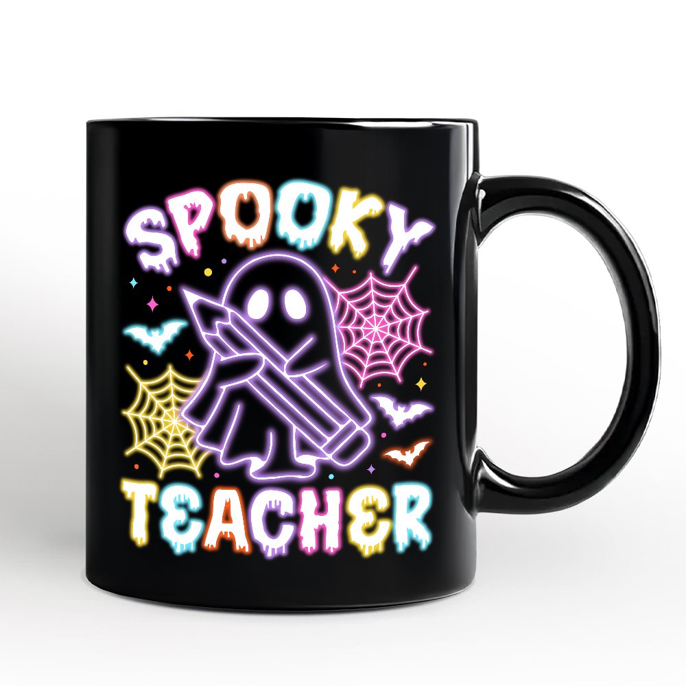 Spooky Teacher Neon Ghost Personalized Mug, Retro Halloween Gift with Custom Name for Educators
