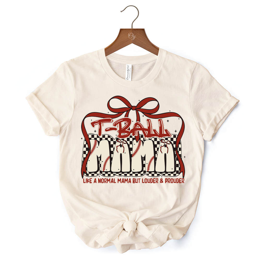 T-Ball Mama Coquette Red Bow T-Shirt, Retro White and Natural Tee for Proud Sports Moms