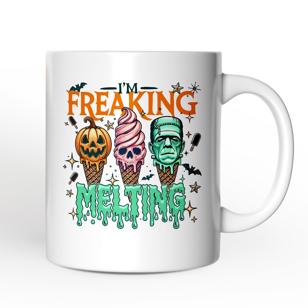 Iโm Freaking Melting Frankenstein Personalized Mug, Funny Ice Cream Halloween Gift with Custom Name for Summer Spooky Season
