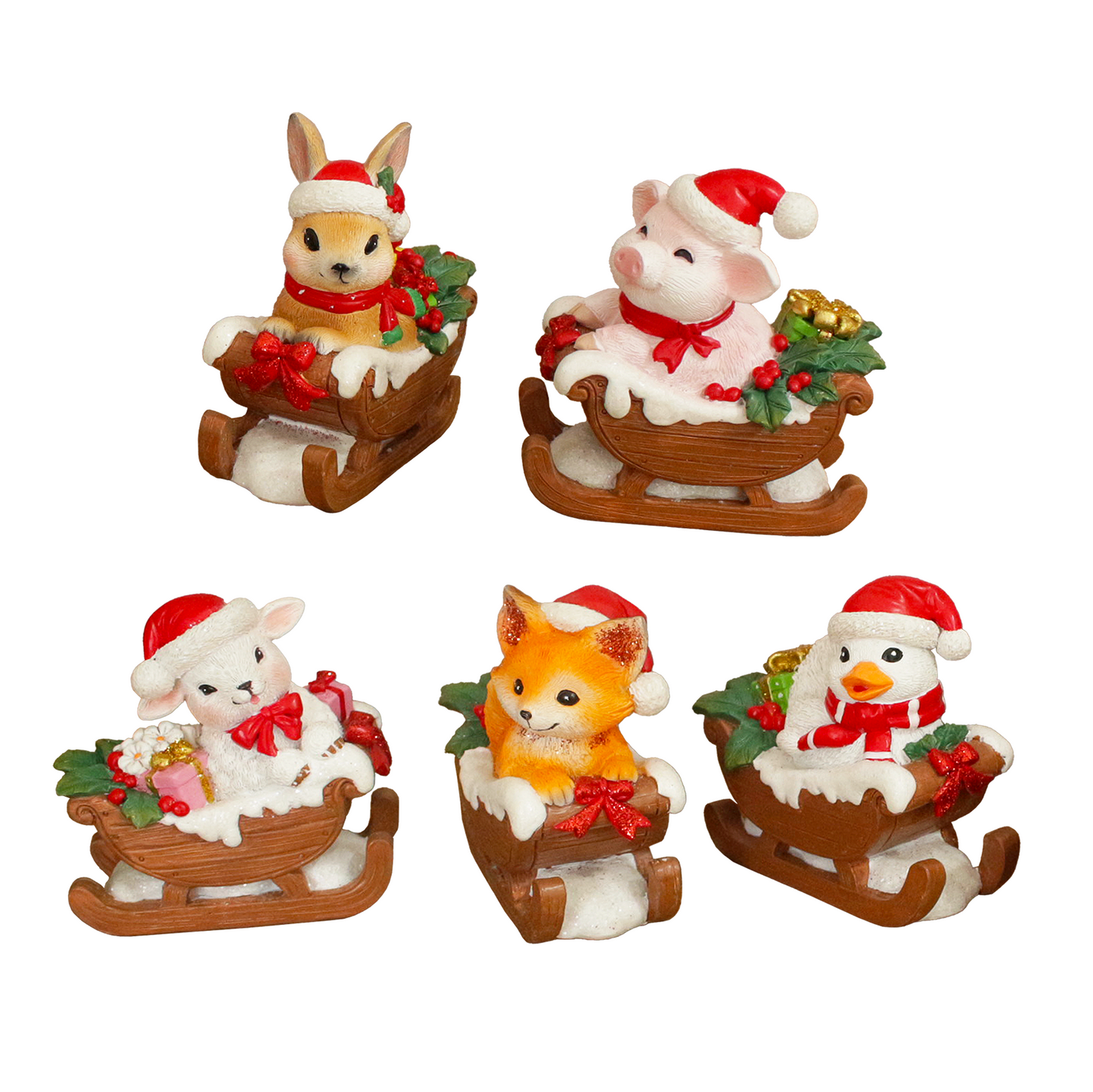 Christmas Critters Animals on Sleighs Set of Five Figurines, 5" Tabletop Holiday Animal Decor with Bunny, Piglet, Duckling, Lamb, and Fox