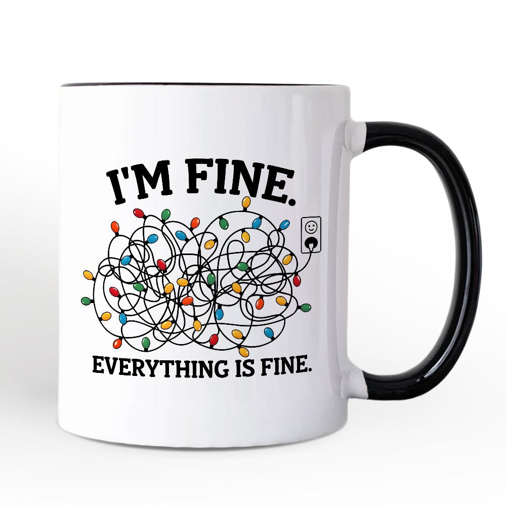 Iโm Fine Christmas Lights Personalized Mug, Funny Holiday Humor Gift for Stressed Festive People with Custom Name