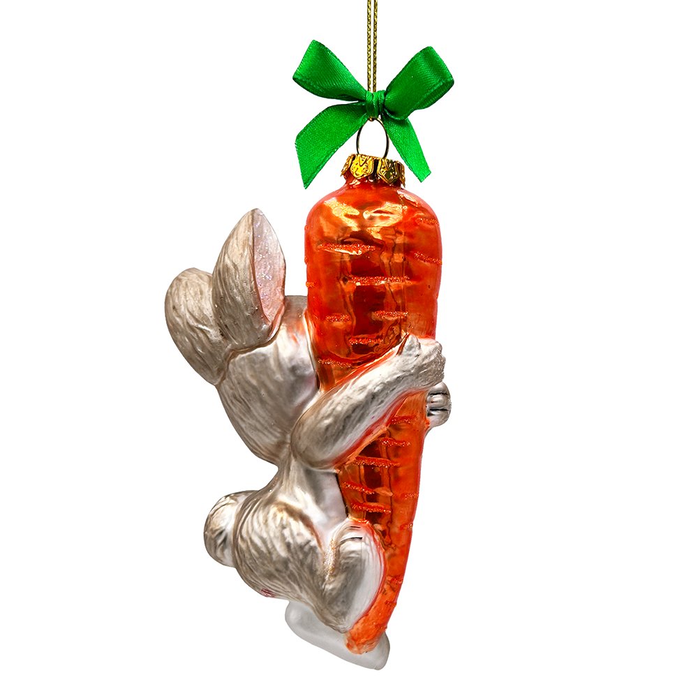 Playful Bunny Hanging on Carrot Glass Ornament, Christmas Gift for Kids
