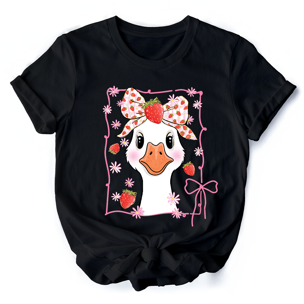 Coquette Goose with Strawberry Bow T-Shirt, Navy, Black and White Cute Tee