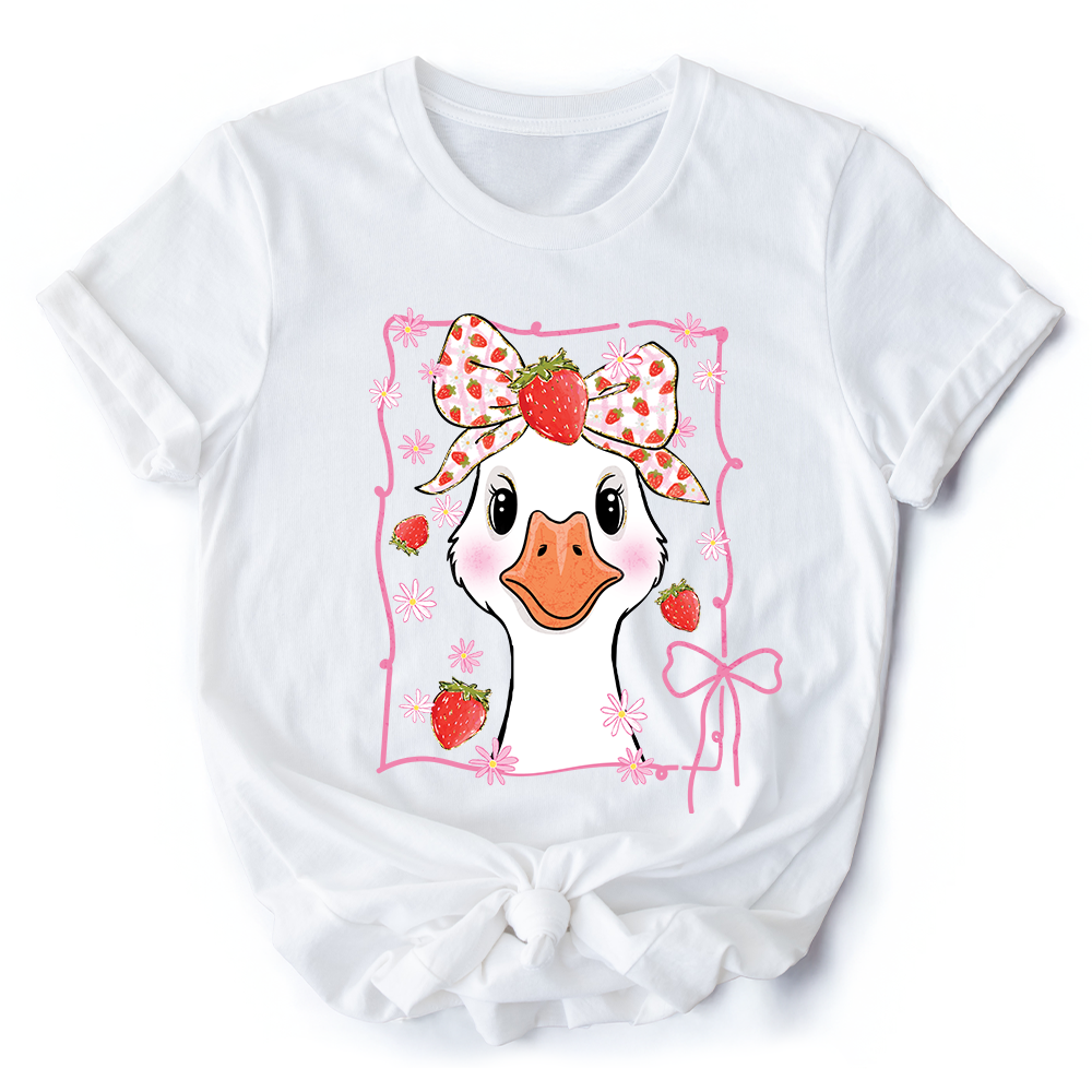 Coquette Goose with Strawberry Bow T-Shirt, Navy, Black and White Cute Tee