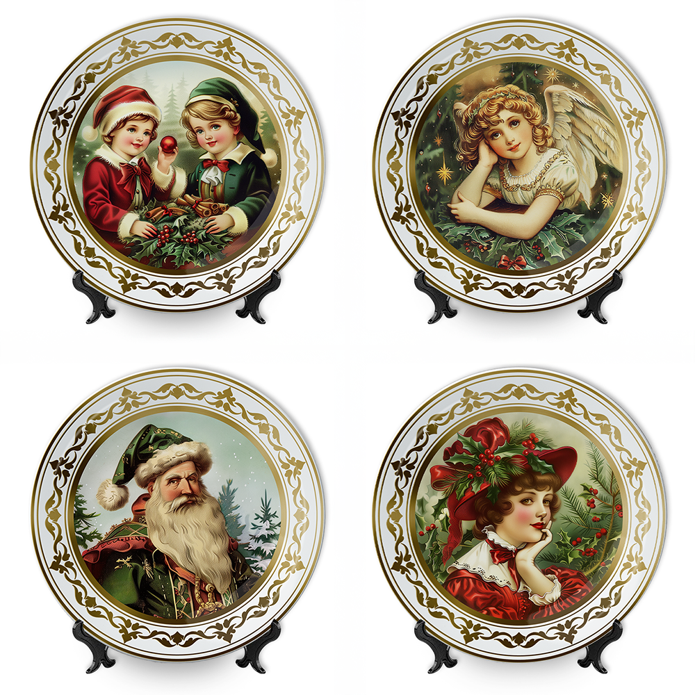 Victorian Elegance Set of 4 Plates with Real Gold Trim, Holiday Christmas Red and Green Tableware Collection