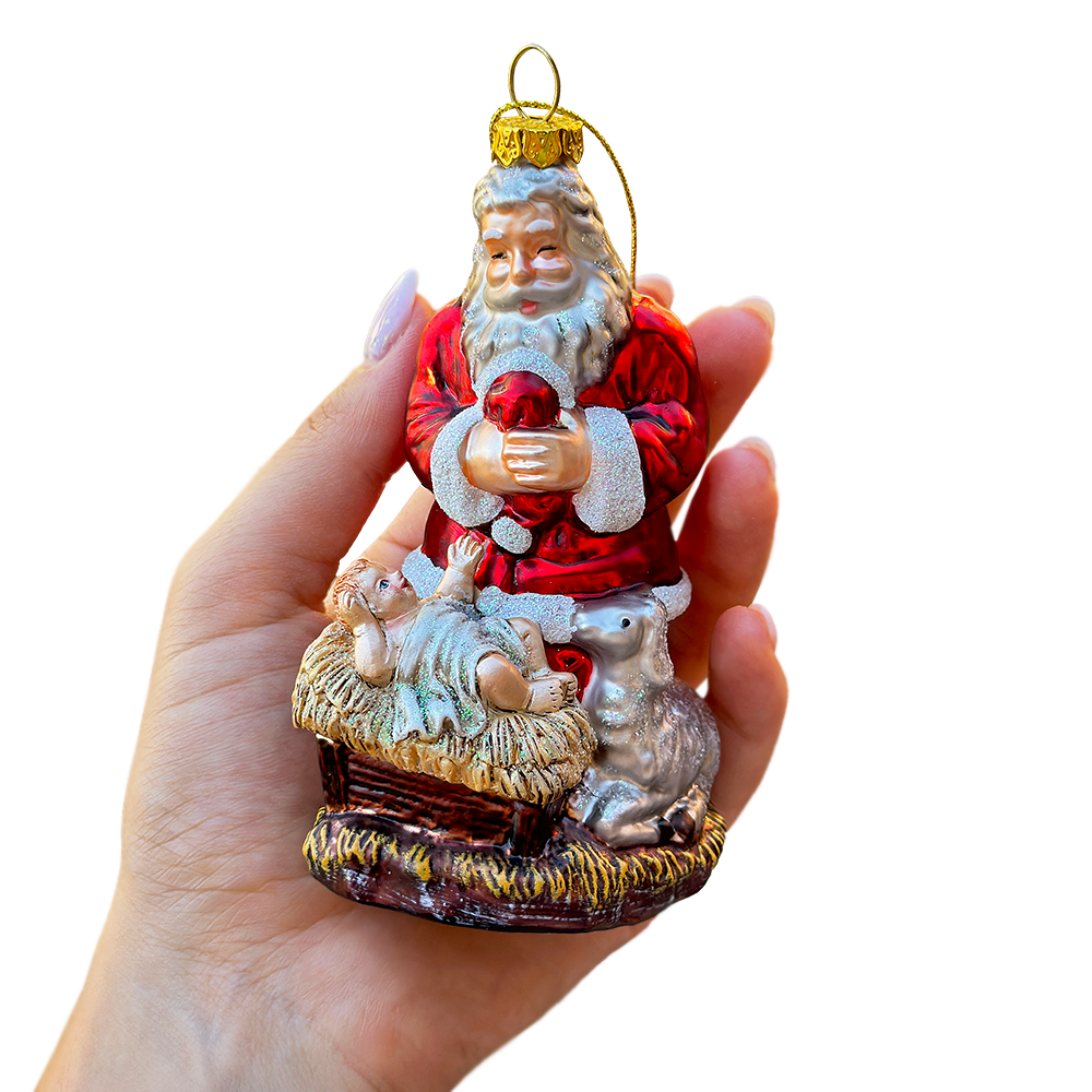 Innocent Santa and Baby Jesus Handblown Glass Christmas Ornament, Nativity Christian Holiday Decor