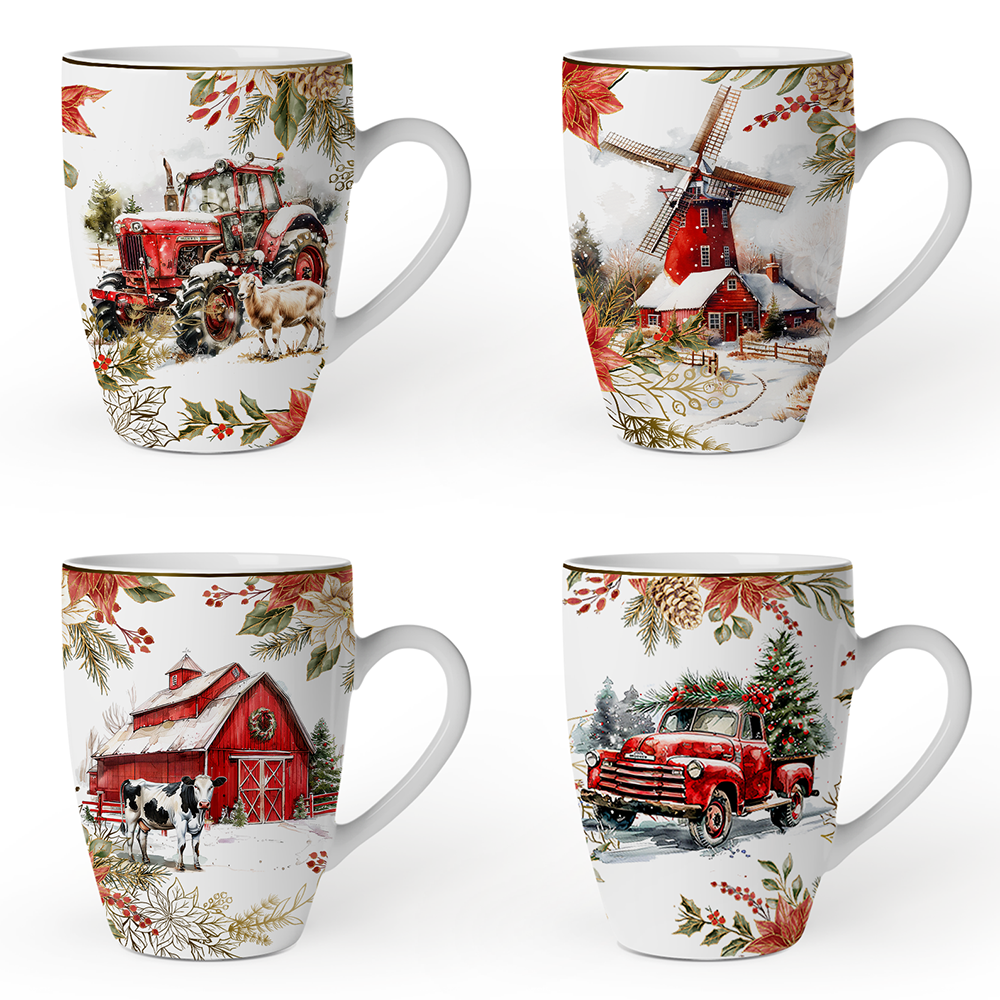 Fancy Farmhouse Holiday Set of 4 Ceramic Mugs with Real Gold Trim, Rustic Christmas Kitchen Coffee Cup Decoration