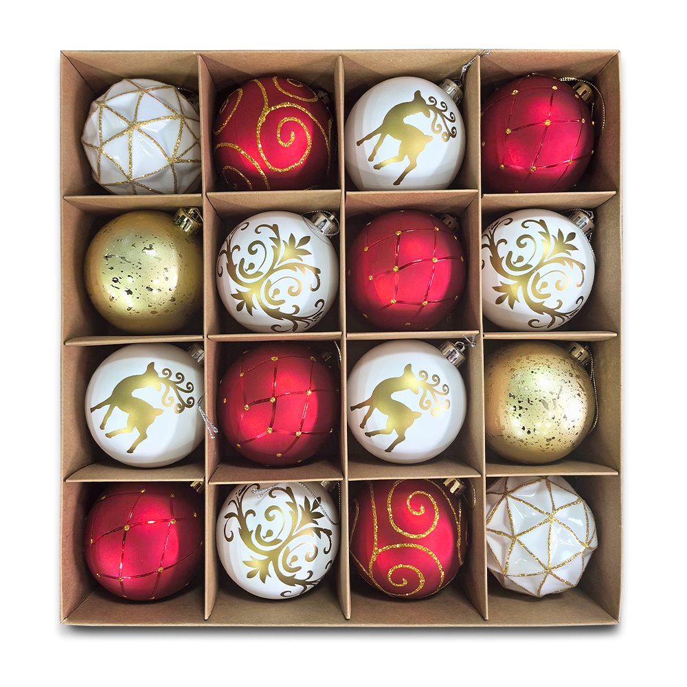 Charming Elegance Ornament Bundle 16 Piece Set, Red White and Gold with Glitter Premium Shatterproof