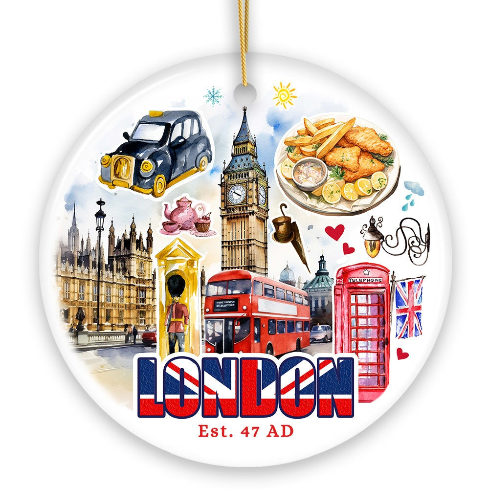 Classic London Artwork City Full of Landmarks Ornament, Vintage Souvenir of England