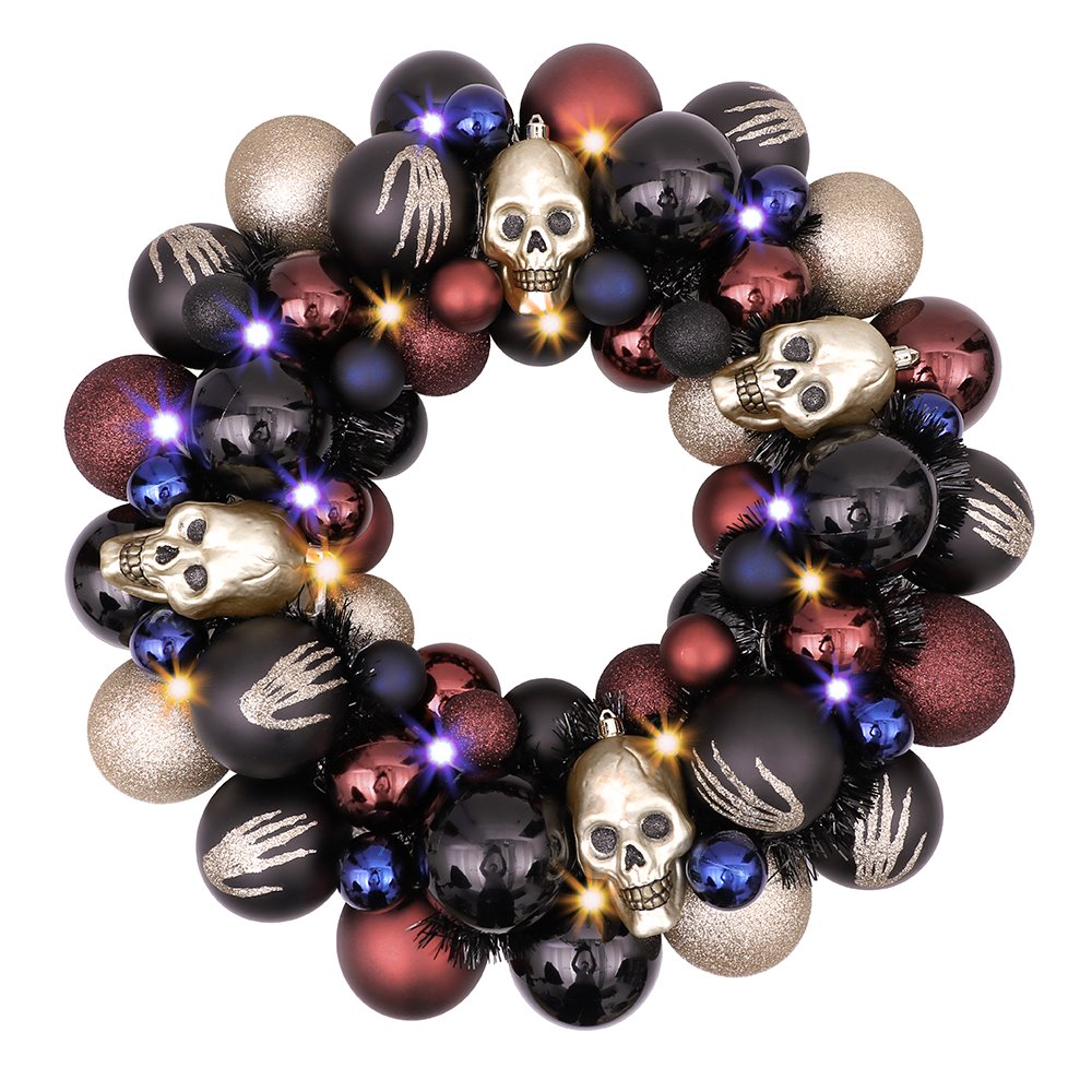Creep and Glitter Spooky Wreath with Skeleton Skull Baubles, Black, Maroon and Gold Colors with Shiny Glitter