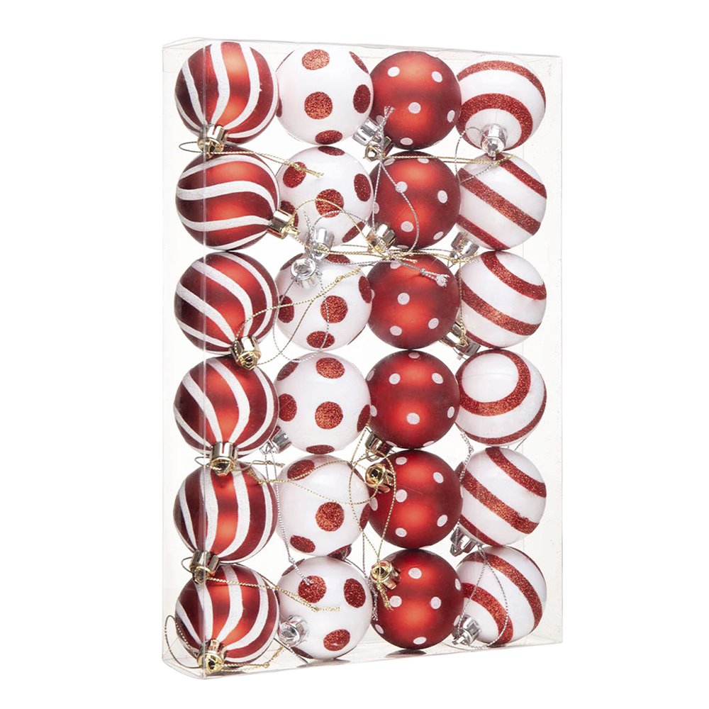 Polka Dot and Candycane Color Style Ornament Ball Bundle, Set of 24 Red and White Patterned Christmas Baubles