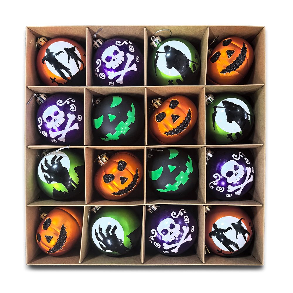 The Face of Spooky Horror 16 Piece Ornament Shatterproof Bundle Set, Halloween Pumpkin, Zombie, and Goblin