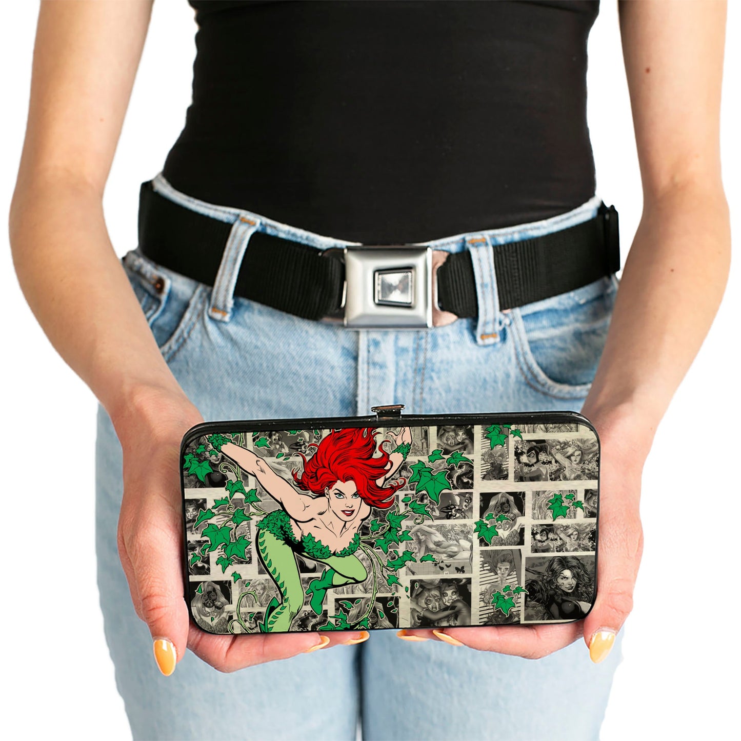 Hinged Wallet - Poison Ivy Pose + Logo Ivy Comic Scenes Grays Greens