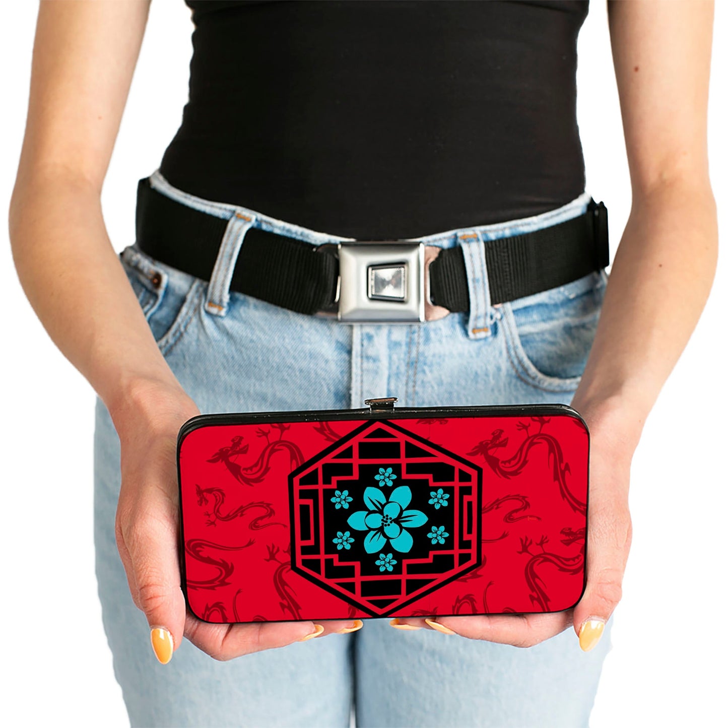 Hinged Wallet - Mulan Flower Lattice Mushu Icons Scattered Reds Black Blue