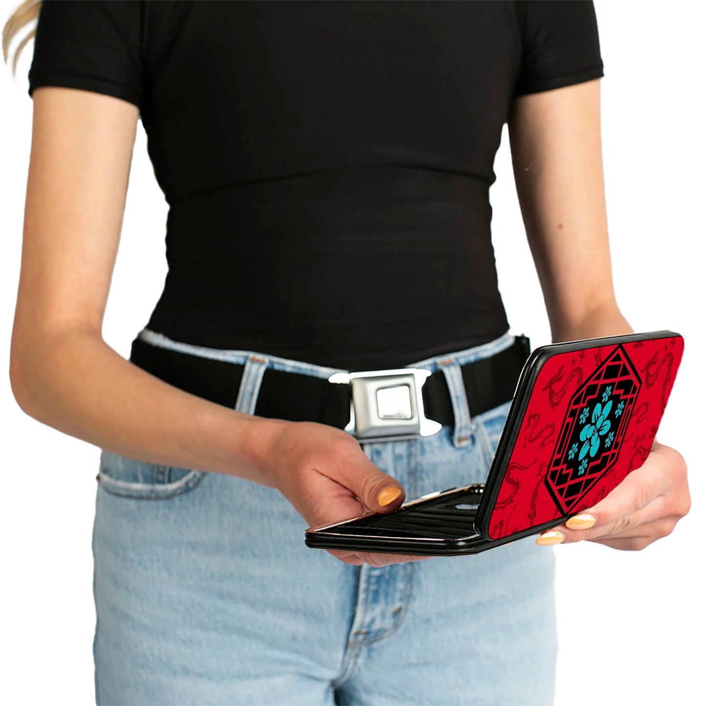Hinged Wallet - Mulan Flower Lattice Mushu Icons Scattered Reds Black Blue