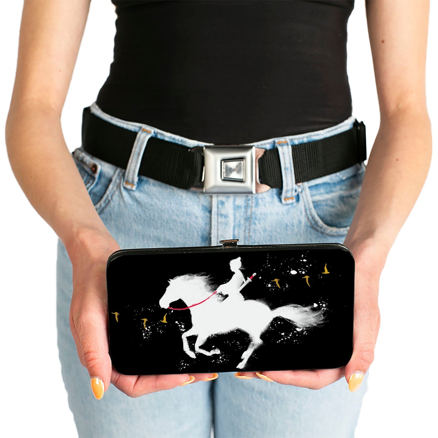 Hinged Wallet - Mulan Riding Horse Pose Birds Silhouette Black White Red Gold