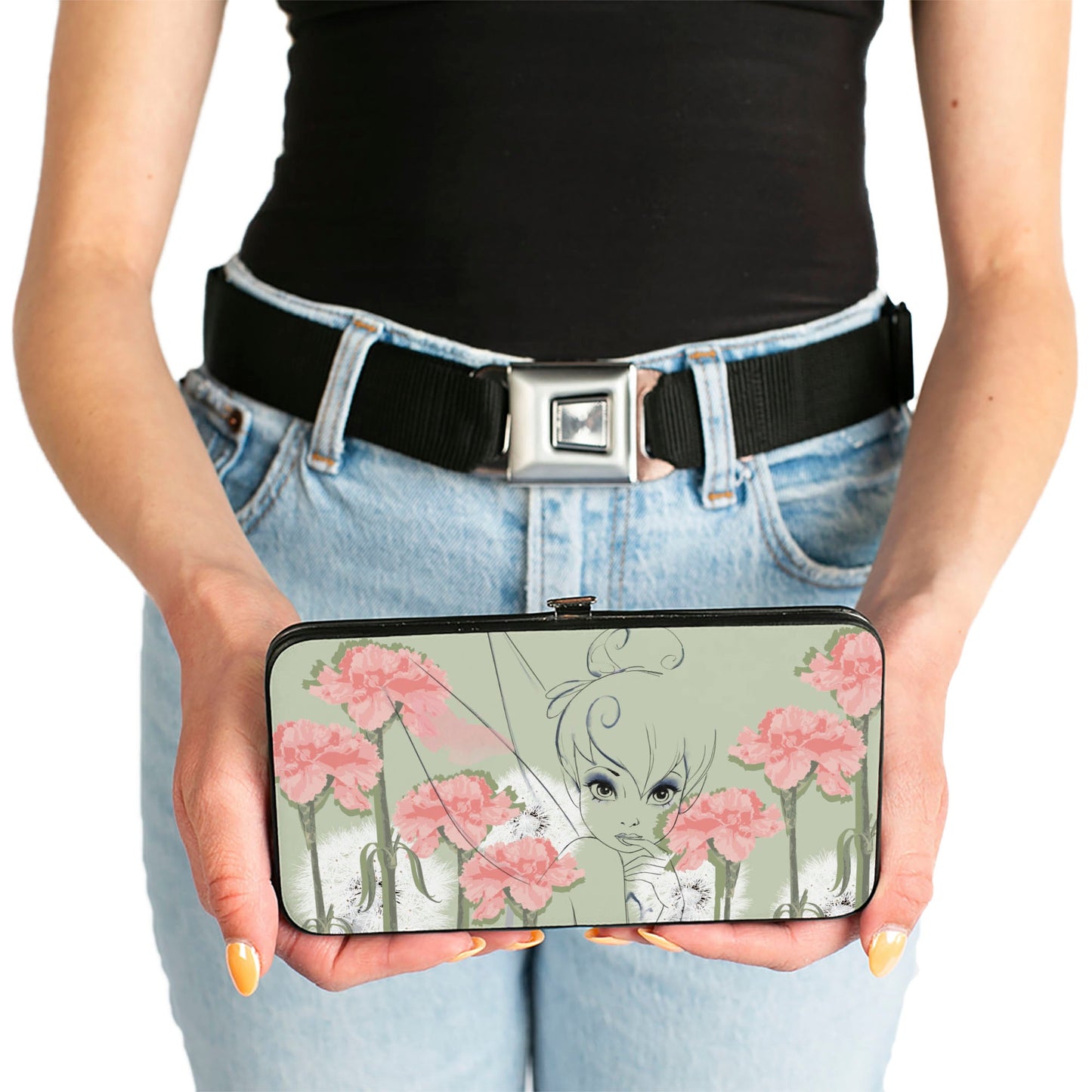 Hinged Wallet - Tinker Bell Sketch Carnations Dandelions Sage Greens Pinks White