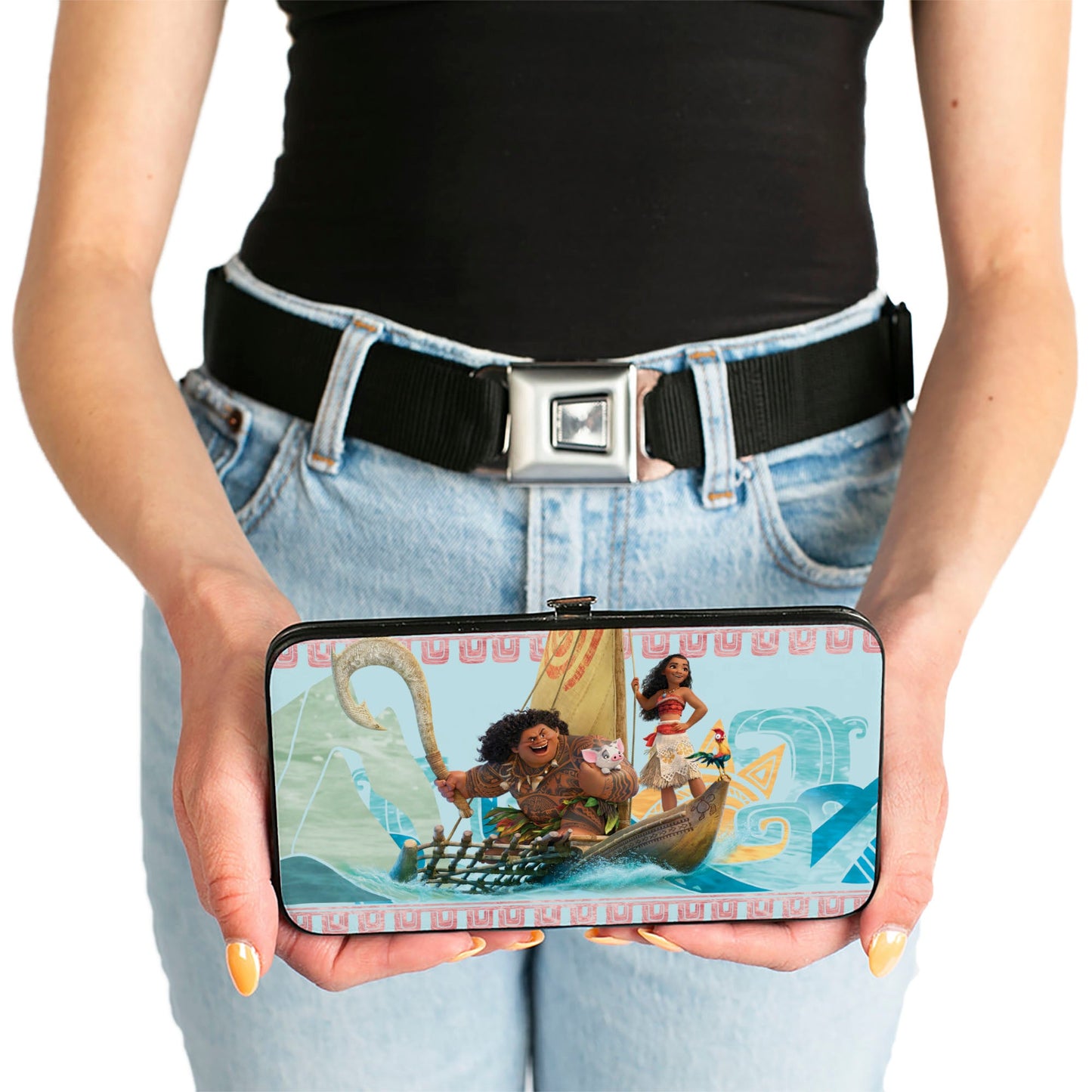 Hinged Wallet - Moana Voyage Group Pose Tribal Icons Collage Blues Multi Color