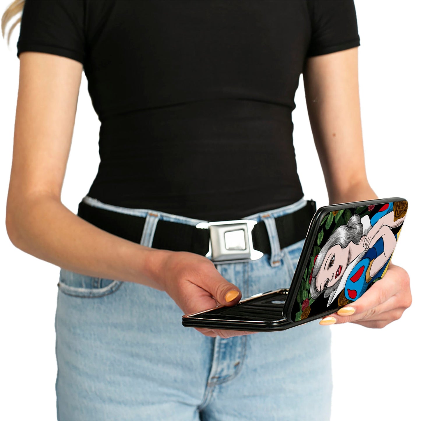 Hinged Wallet - Snow White Pose Sketch Roses Black Greens Reds Golds