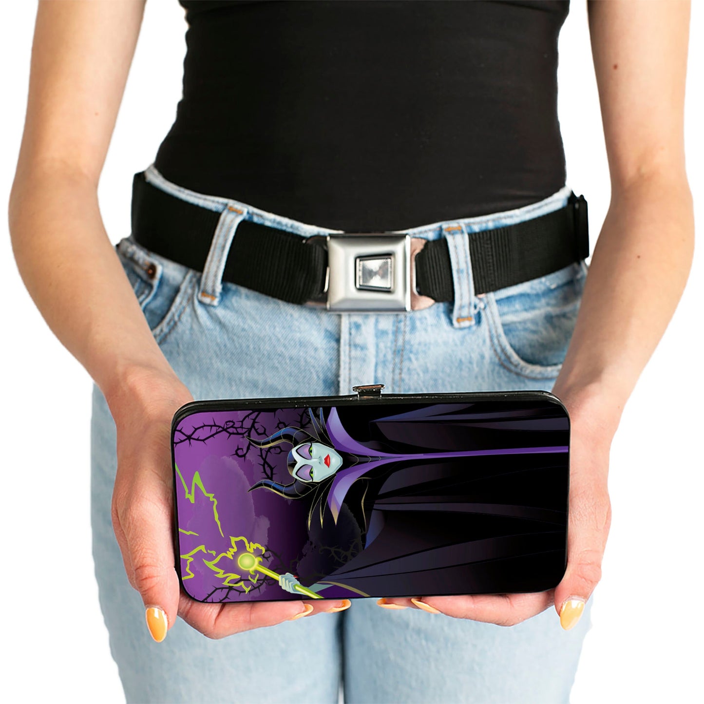 Hinged Wallet - Maleficent Raising Staff Pose Forest of Thorns Purples Black