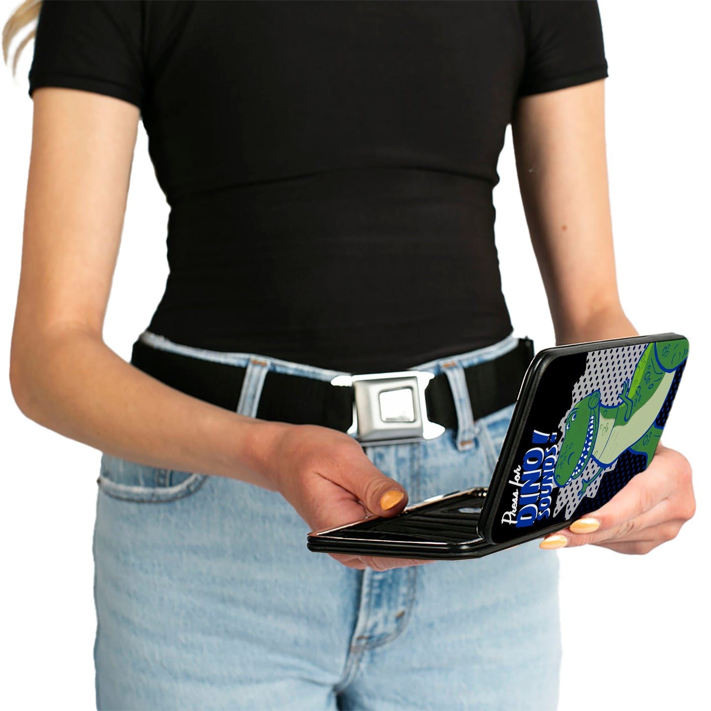 Hinged Wallet - Toy Story Rex Pose PRESS FOR DINO SOUNDS! Halftone Black Blues White