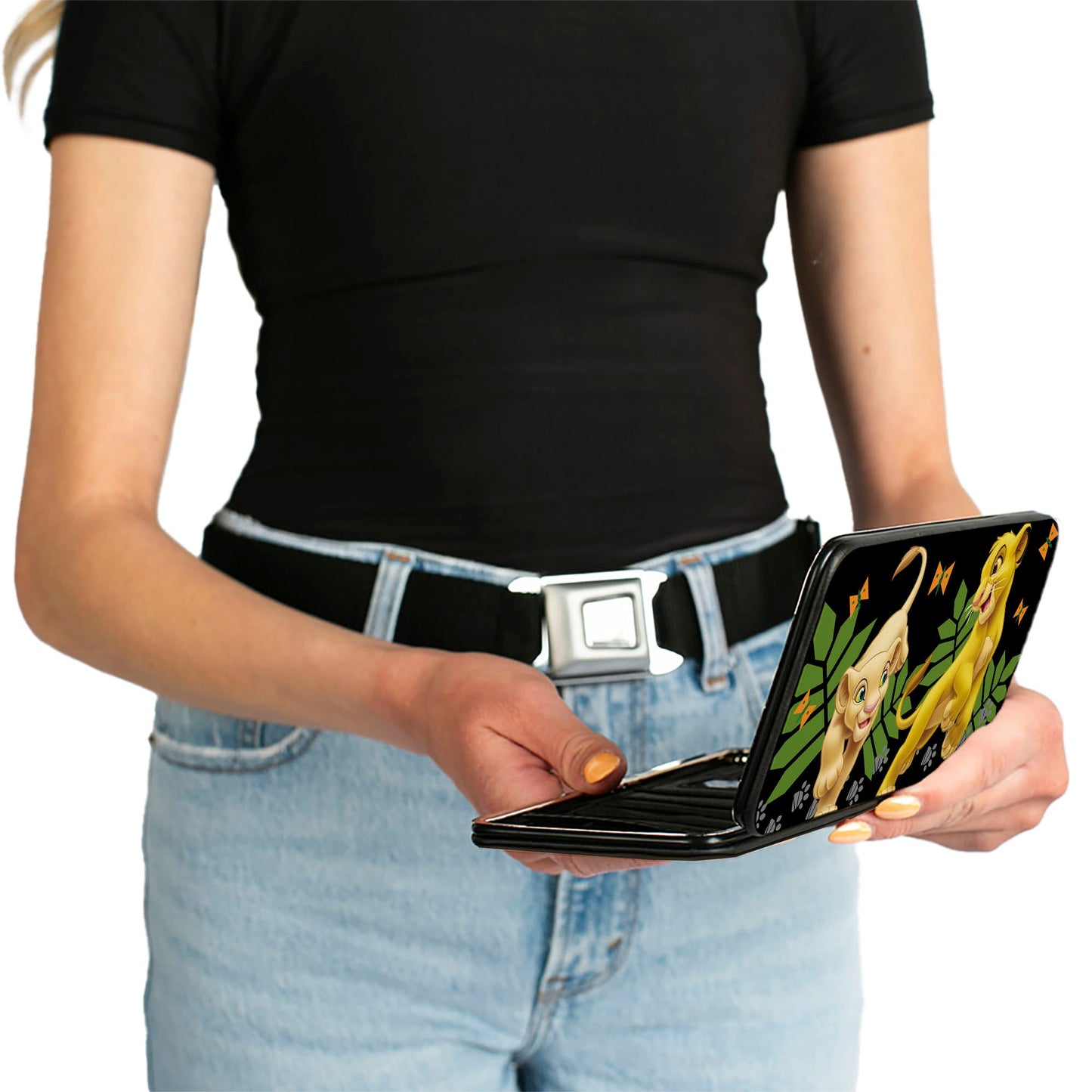 Hinged Wallet - The Lion King Young Simba & Nala Playing Pose + HAKUNA MATATA Leaves Butterflies Paws Black White Multi Color