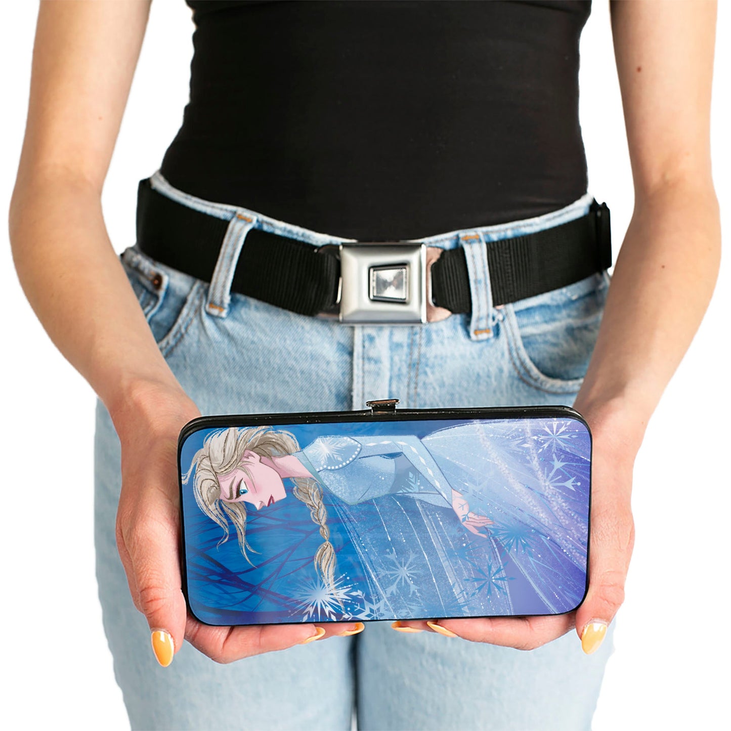 Hinged Wallet - Frozen II Elsa Pose Swirling Snowflakes Blues