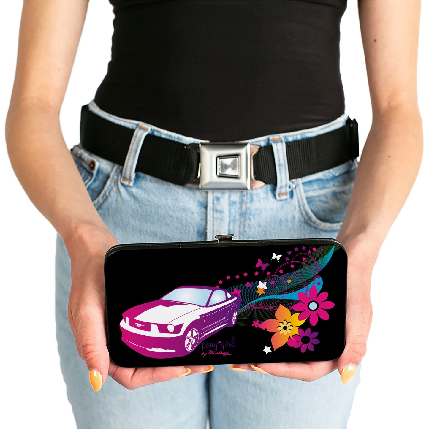 Hinged Wallet - Mustang PONY GIRL Butterflies Flowers Stars Black Pinks Purples