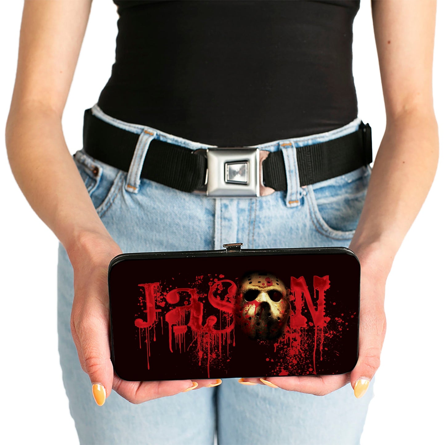 Hinged Wallet - Friday the 13th JASON Mask Splatter + Jason Walking Pose Black Reds