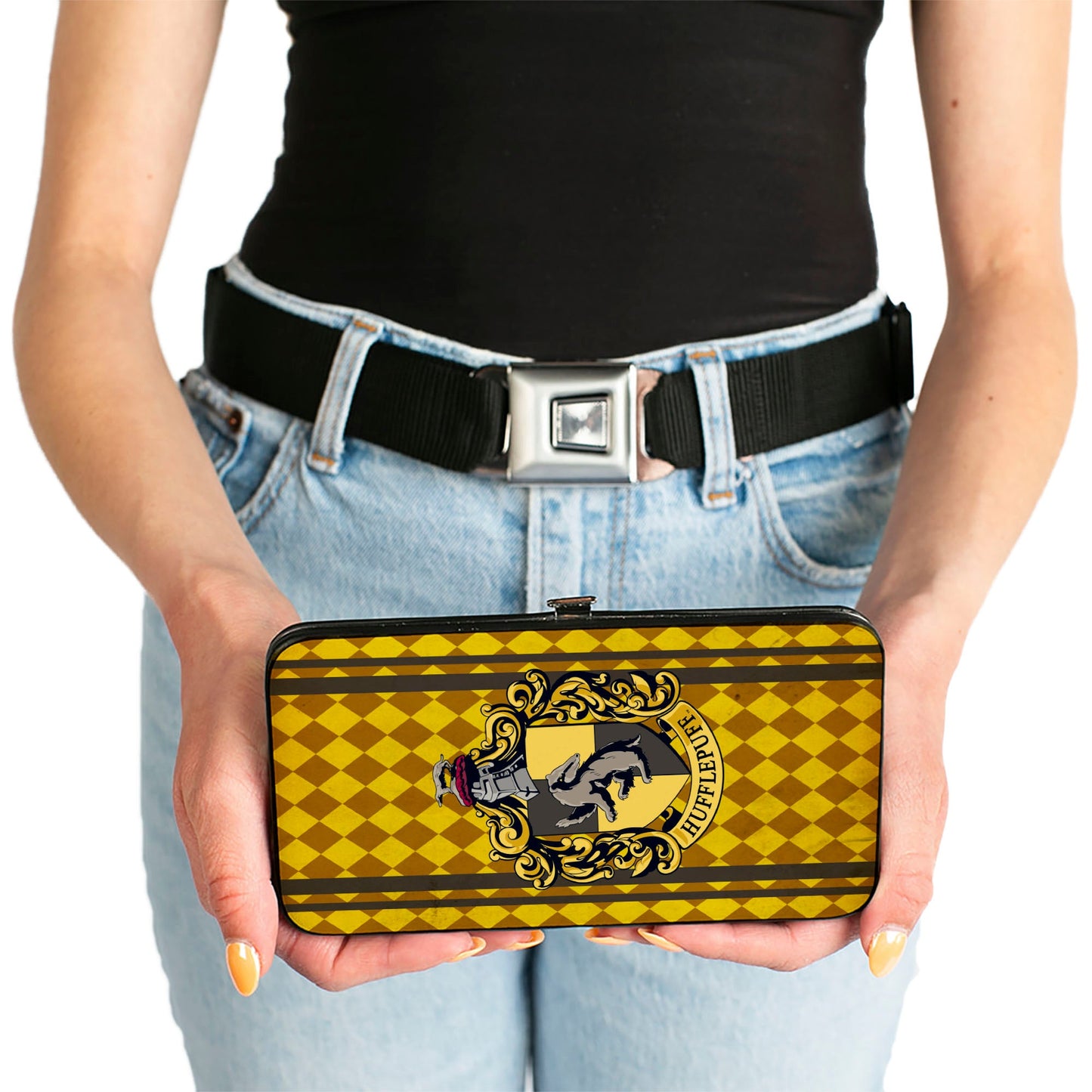Hinged Wallet - HUFFLEPUFF Crest Stripes Diamonds Gold Browns