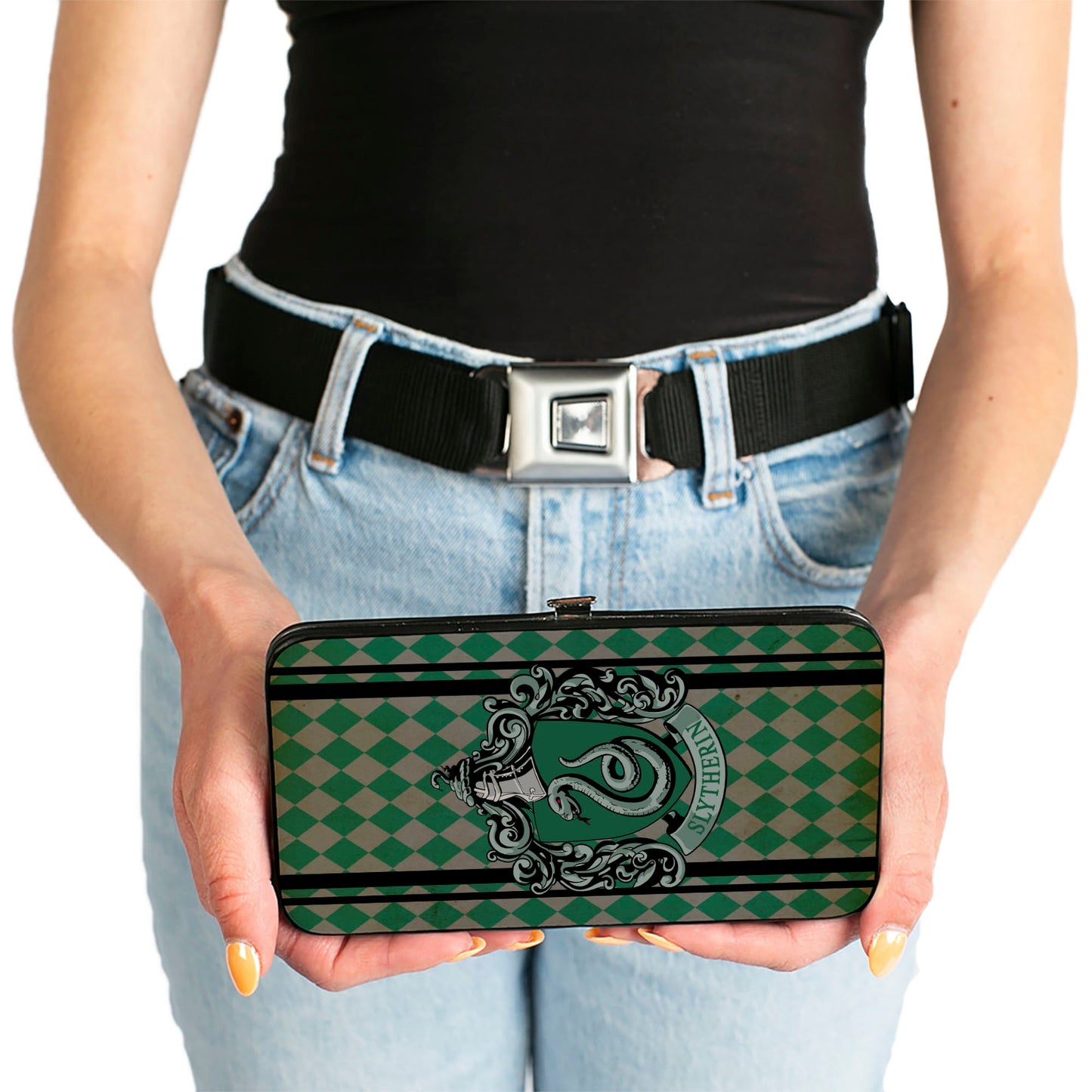 Hinged Wallet - SLYTHERIN Crest Stripes Diamonds Greens Black