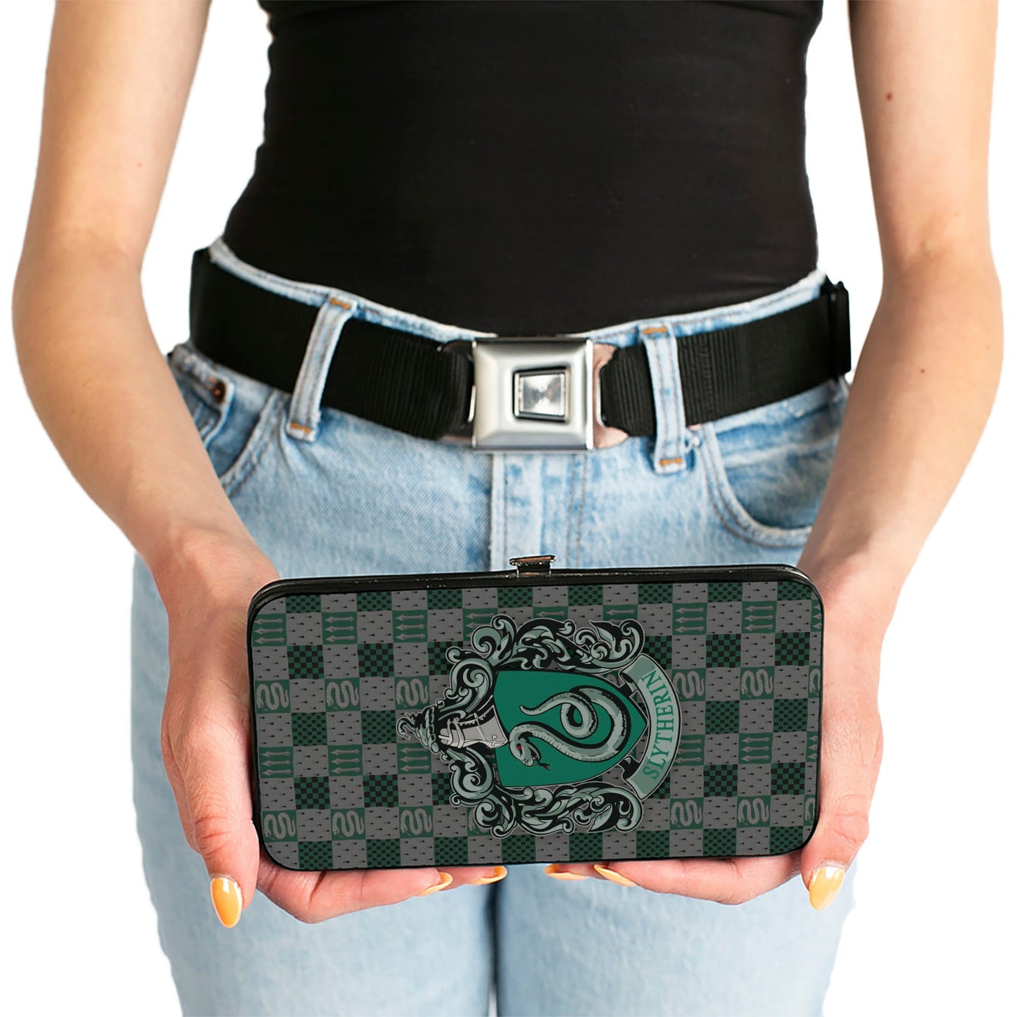 Hinged Wallet - Harry Potter SLYTHERIN Crest Heraldry Checkers Gray Greens