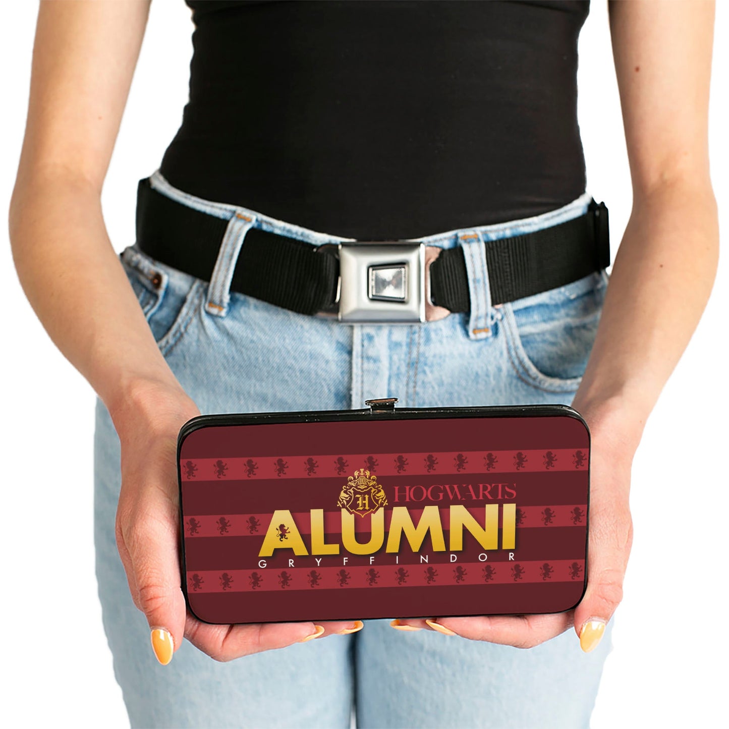 Hinged Wallet - HOGWARTS ALUMNI GRYFFINDOR + Initial Monogram/Lion Icon Stripe Burgundy Reds/Golds/White