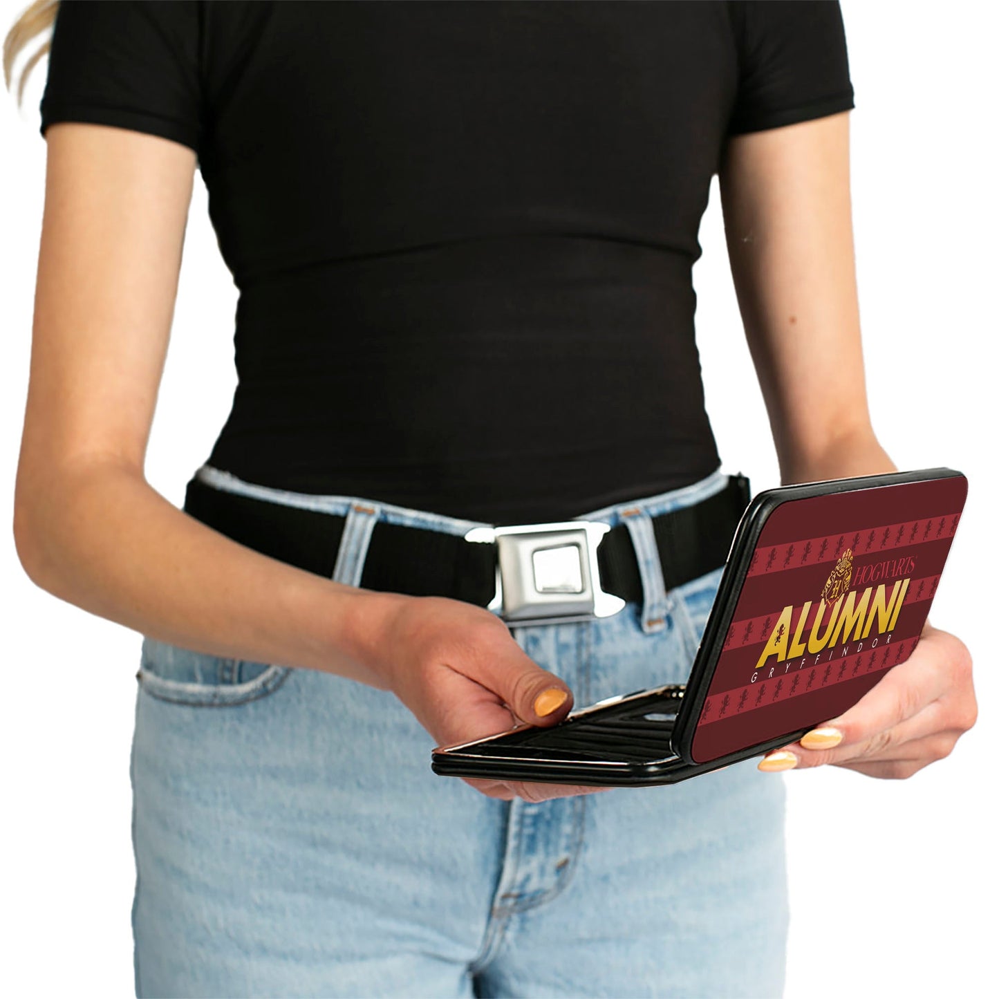Hinged Wallet - HOGWARTS ALUMNI GRYFFINDOR + Initial Monogram/Lion Icon Stripe Burgundy Reds/Golds/White